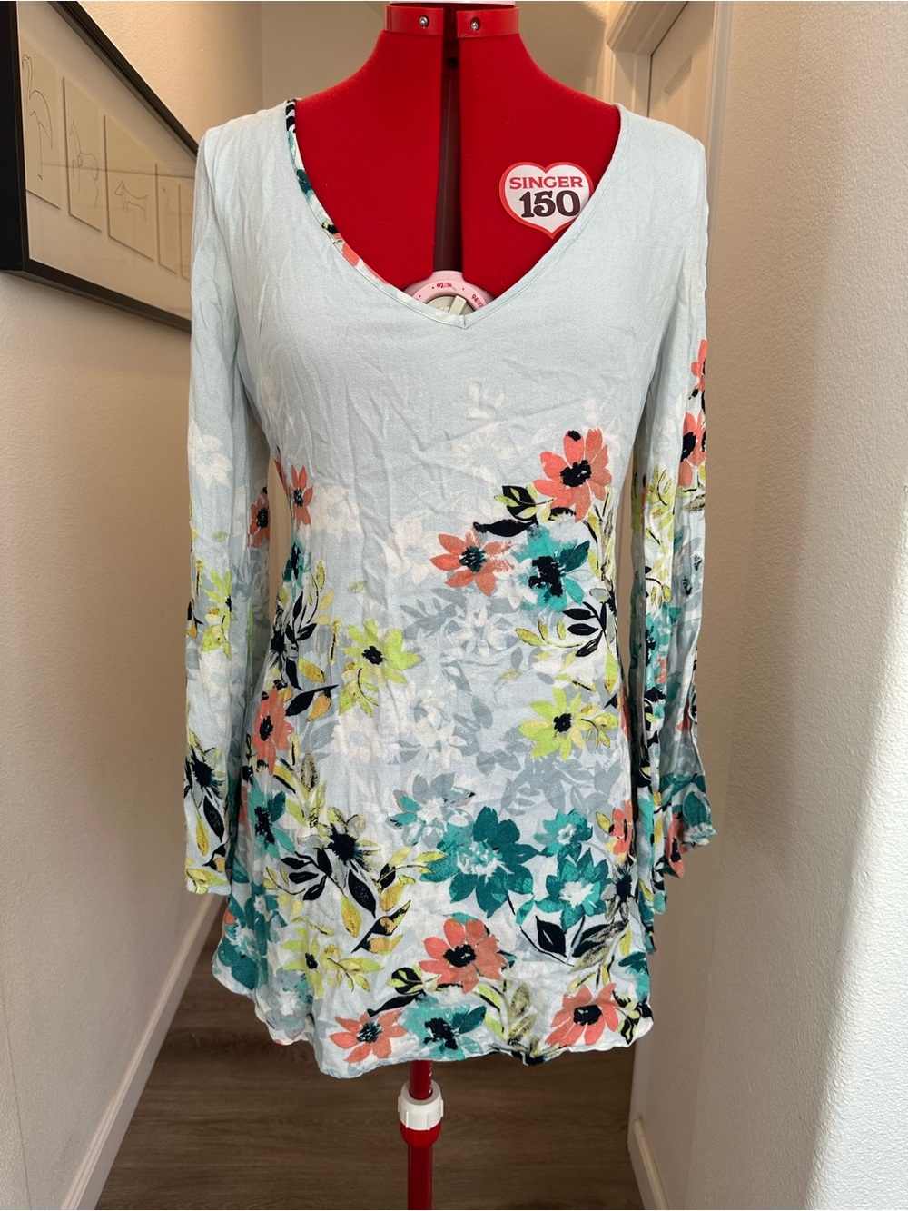 O'Neill Pale Blue Long Bell Sleeve Mini Dress, Size Medium
